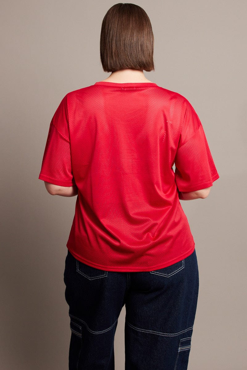 Red Graphic T-shirt Short Sleeve V-Neck Oversized