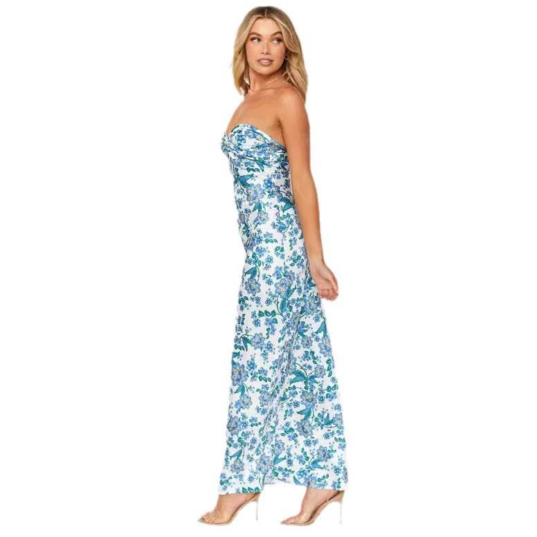 Buycenter Tube Top Backless Dress - Slim Fit Green & Yellow Print