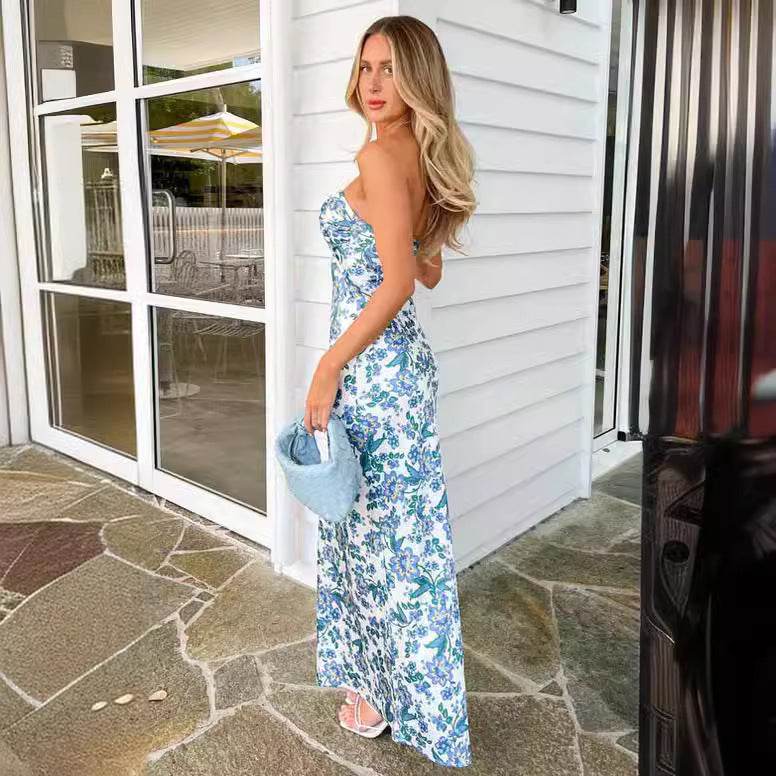 Buycenter Tube Top Backless Dress - Slim Fit Green & Yellow Print