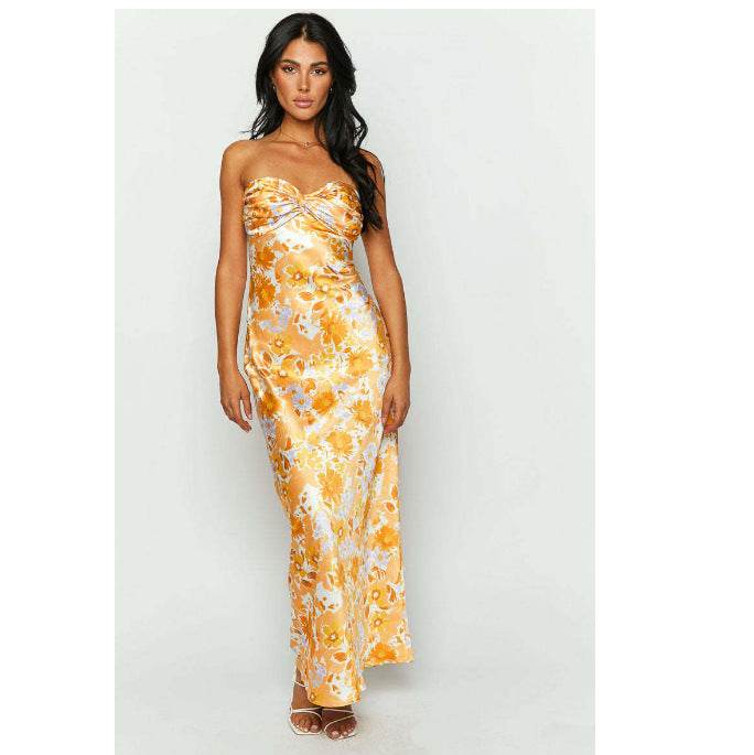 Buycenter Tube Top Backless Dress - Slim Fit Green & Yellow Print