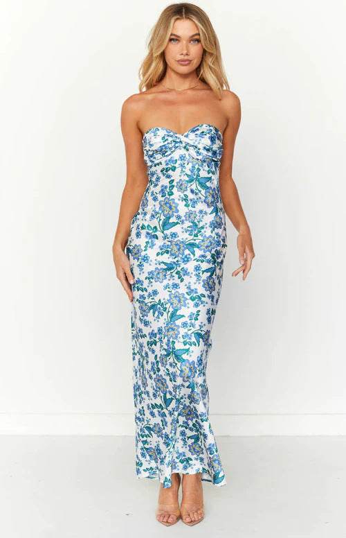 Buycenter Tube Top Backless Dress - Slim Fit Green & Yellow Print