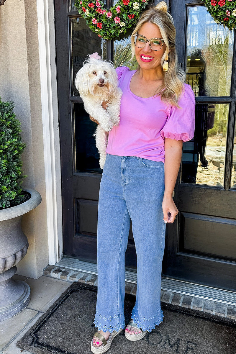 Eyelet Scallop Trim Straight Leg Jeans in Light Denim