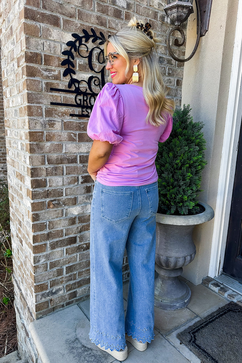 Eyelet Scallop Trim Straight Leg Jeans in Light Denim