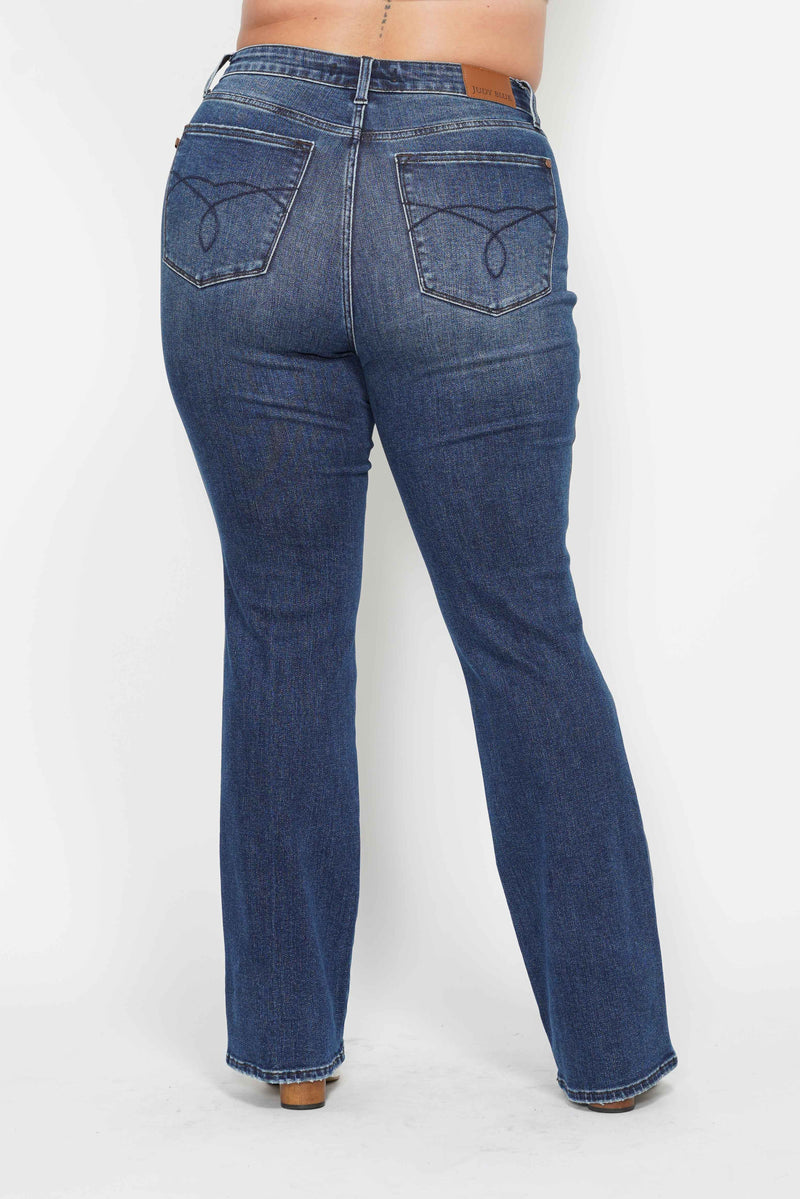 Judy Blue High Waist Tummy Control Back Pocket Embroidery Bootcut Denim Jeans 88786 - 3 Inseam Options: Short, Regular, Long