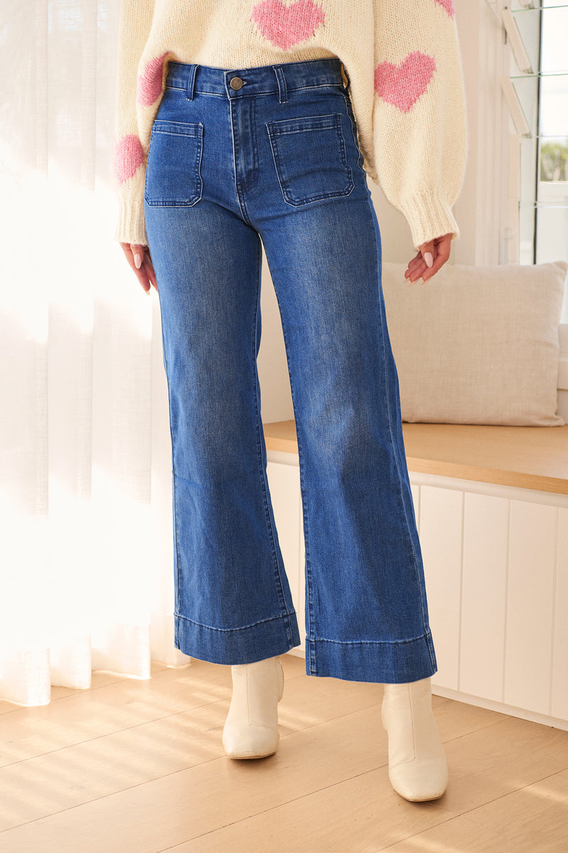 Juan High Rise Wide Leg Jean In Dark Blue Denim