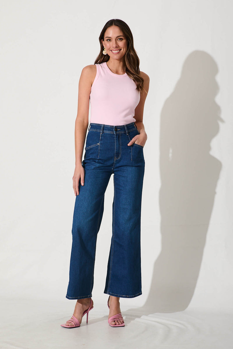 Margaret High Rise Wide Leg Jean In Dark Blue Denim