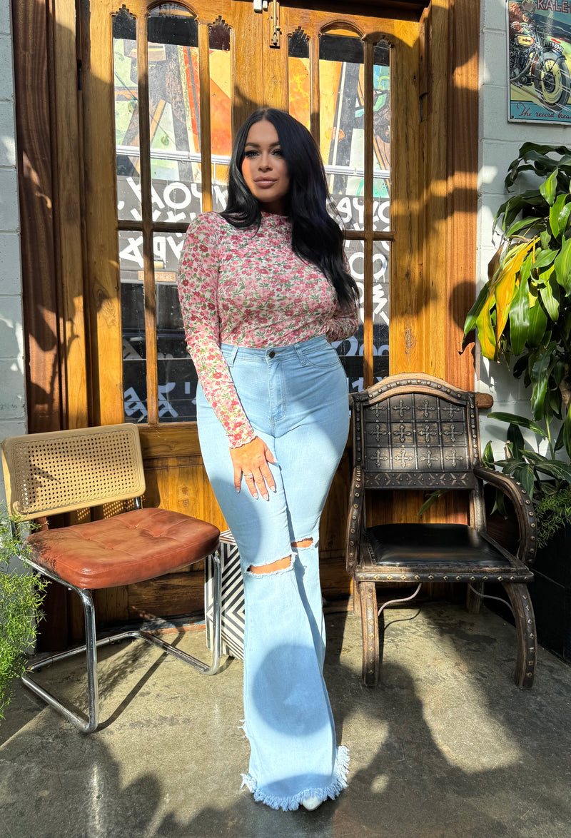 Farrah Denim Distressed High Waisted Flares - Light Wash