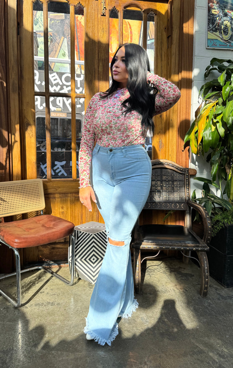 Farrah Denim Distressed High Waisted Flares - Light Wash