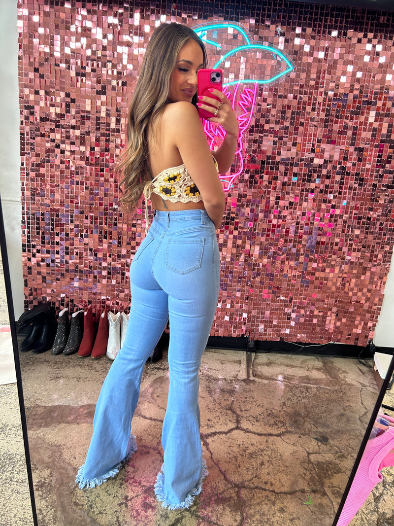 Farrah Denim Distressed High Waisted Flares - Light Wash