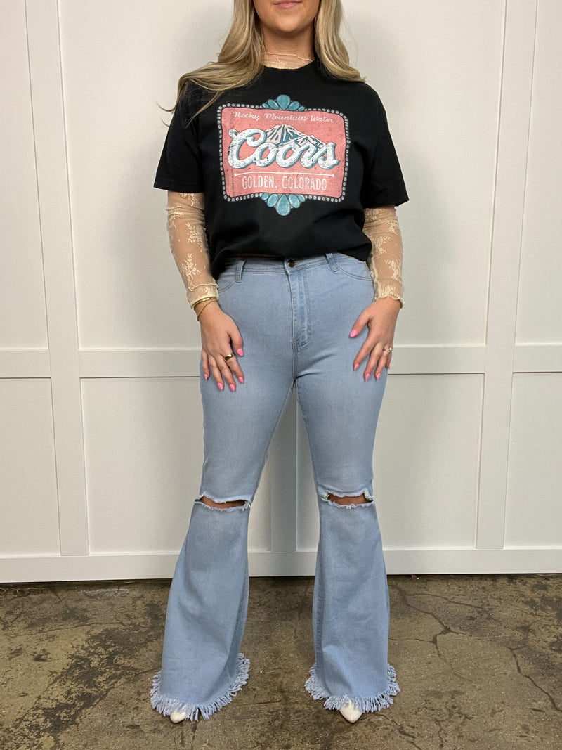 Farrah Denim Distressed High Waisted Flares - Light Wash