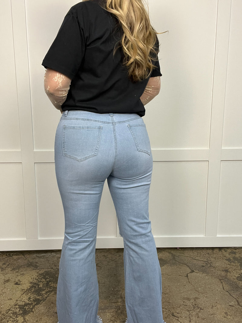 Farrah Denim Distressed High Waisted Flares - Light Wash