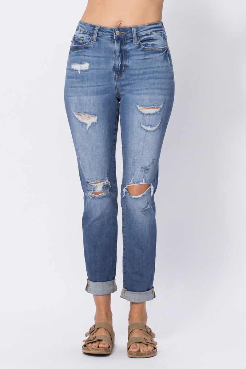 Judy Blue High Waist Destroy Cuffed Boyfriend Denim Jeans 88404