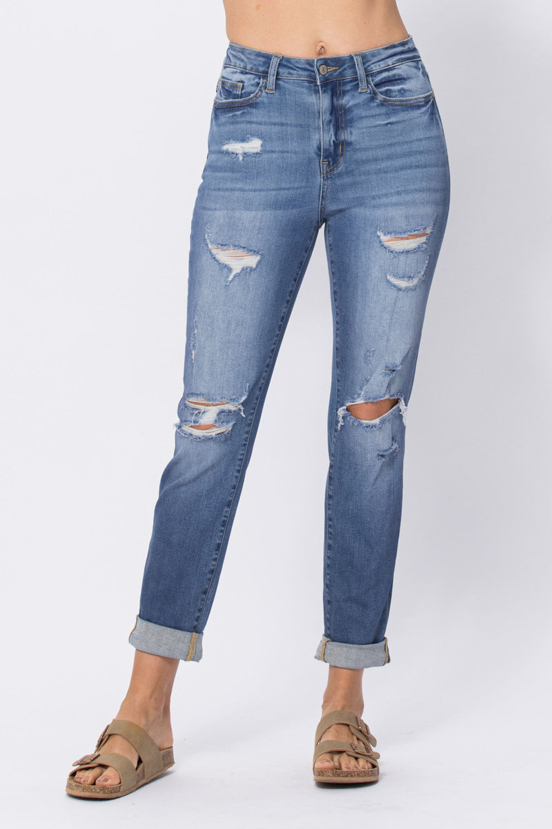 Judy Blue High Waist Destroy Cuffed Boyfriend Denim Jeans 88404