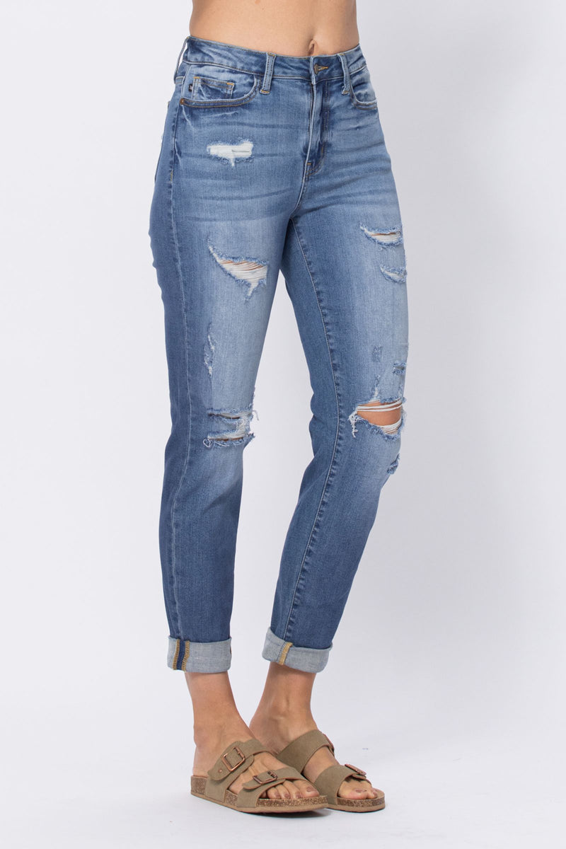 Judy Blue High Waist Destroy Cuffed Boyfriend Denim Jeans 88404