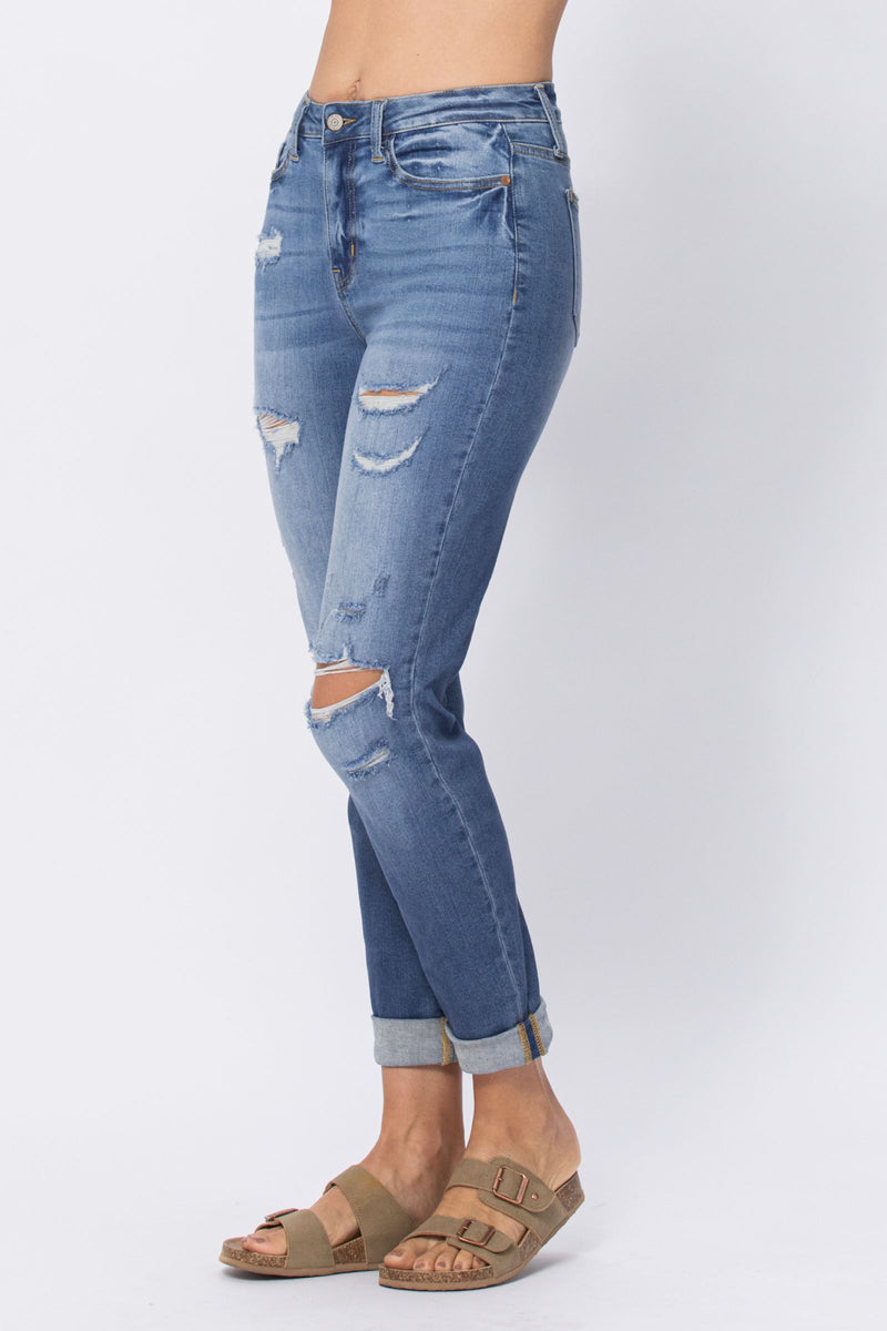 Judy Blue High Waist Destroy Cuffed Boyfriend Denim Jeans 88404