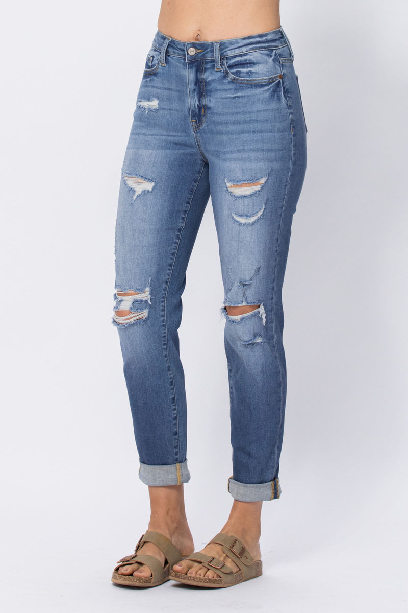 Judy Blue High Waist Destroy Cuffed Boyfriend Denim Jeans 88404