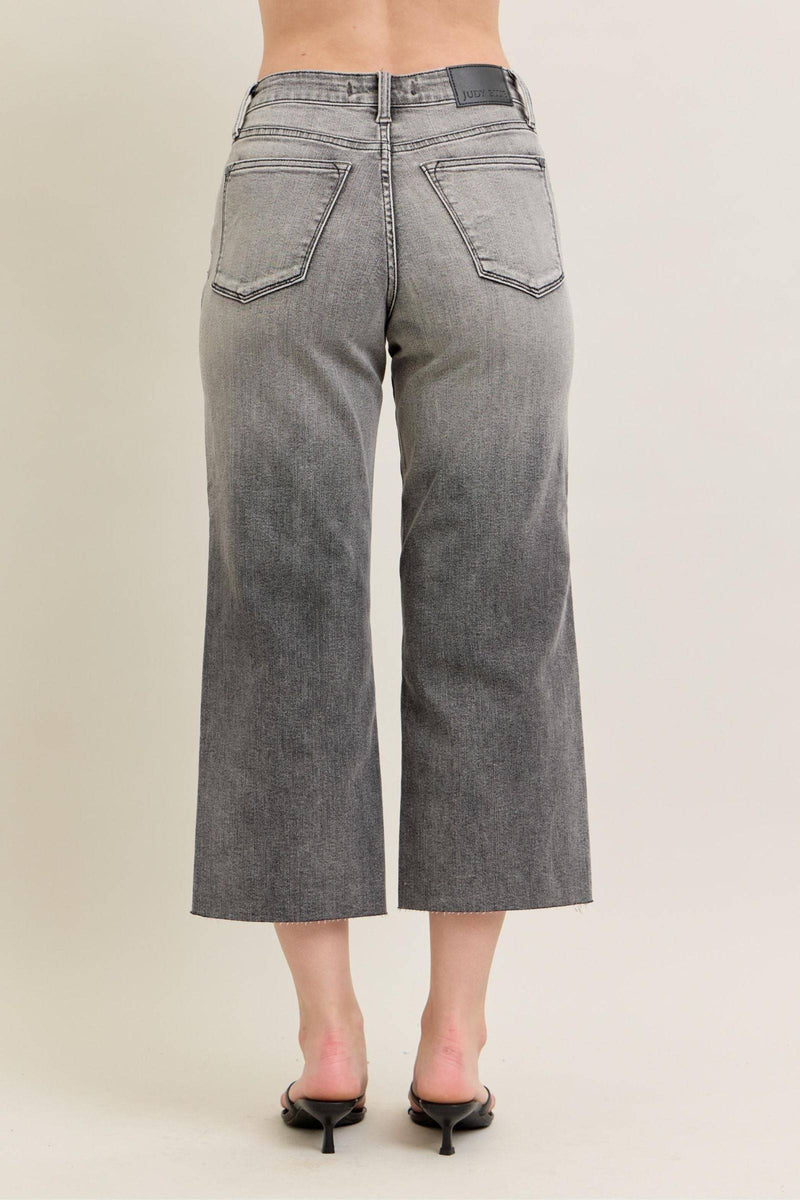 Judy Blue High Waist Vintage Grey Wash & Front Pocket Embroidery Crop Wide Leg Denim Jeans 88949