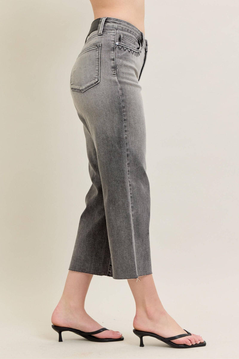 Judy Blue High Waist Vintage Grey Wash & Front Pocket Embroidery Crop Wide Leg Denim Jeans 88949