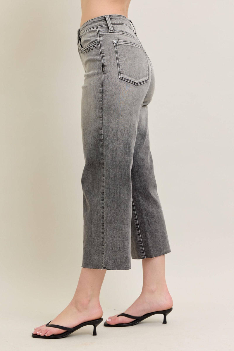 Judy Blue High Waist Vintage Grey Wash & Front Pocket Embroidery Crop Wide Leg Denim Jeans 88949