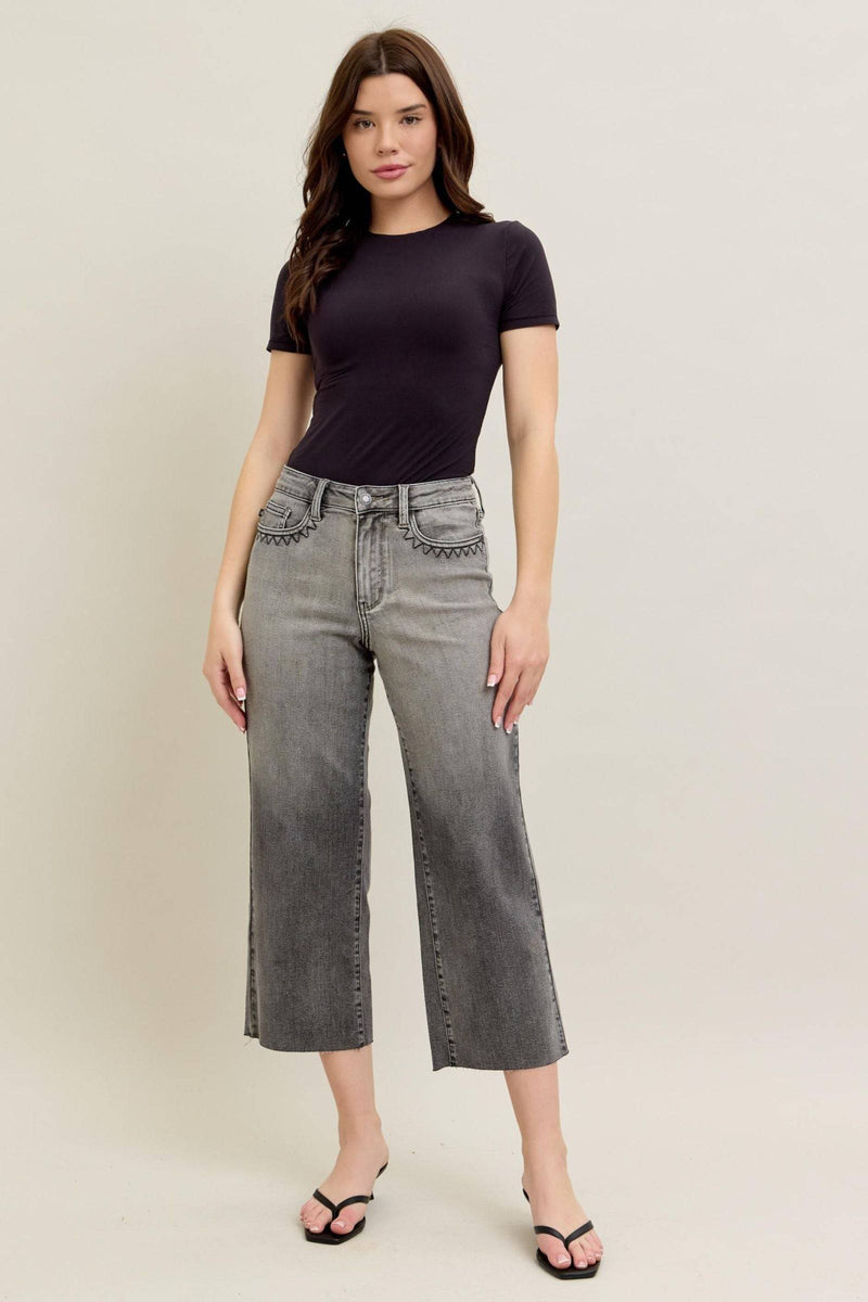 Judy Blue High Waist Vintage Grey Wash & Front Pocket Embroidery Crop Wide Leg Denim Jeans 88949