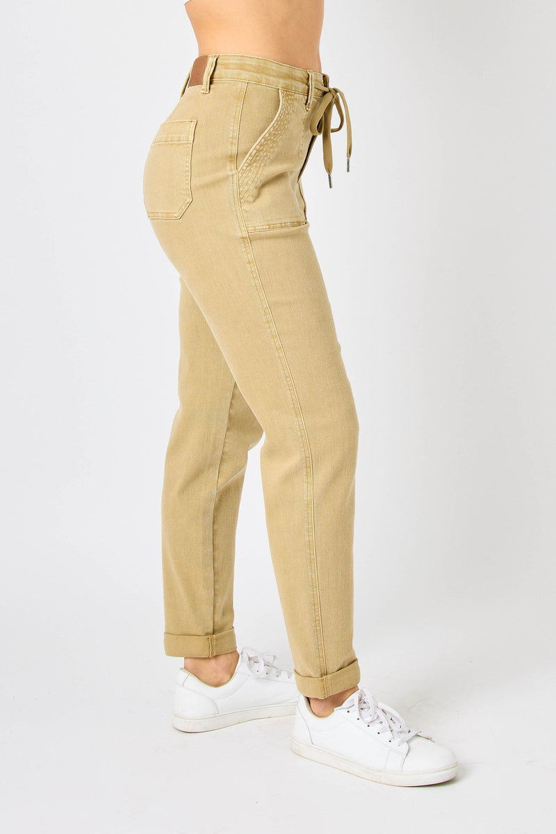 Judy Blue High Waist Garment Dyed Khaki Cuffed Jogger Denim Jeans 88815