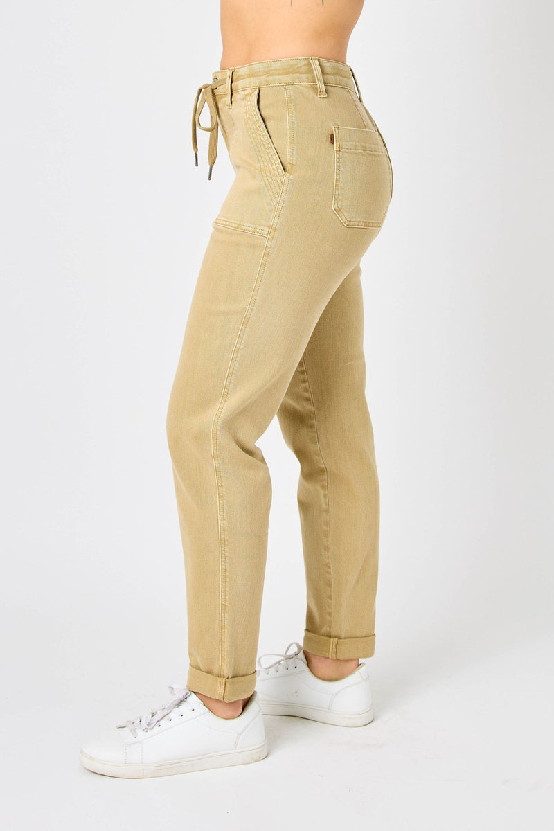 Judy Blue High Waist Garment Dyed Khaki Cuffed Jogger Denim Jeans 88815