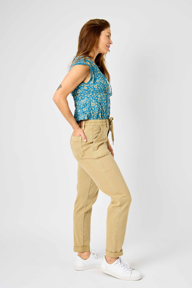 Judy Blue High Waist Garment Dyed Khaki Cuffed Jogger Denim Jeans 88815