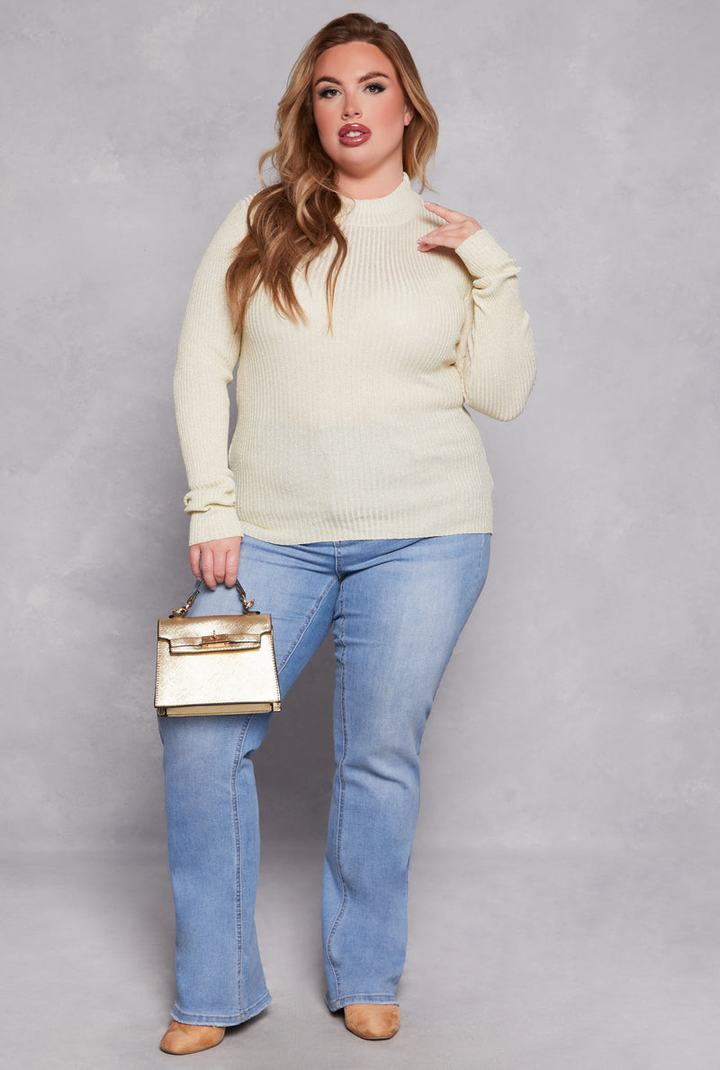 Plus Size Lurex Ribbed Mock Neck Sweater