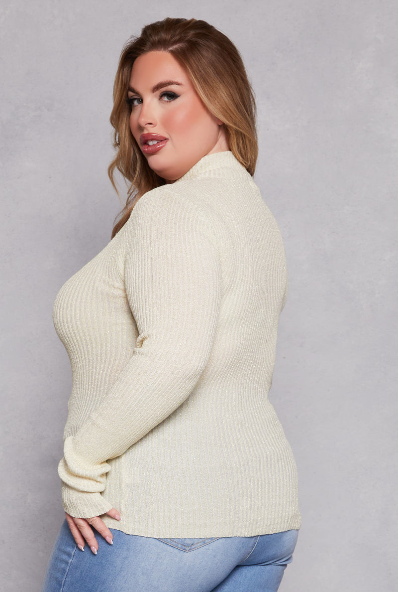 Plus Size Lurex Ribbed Mock Neck Sweater