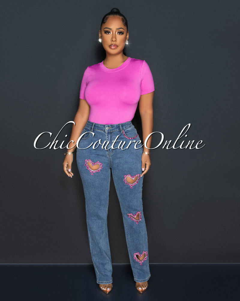 Mandy Medium Denim Pink Rhinestones Heart Key-Hole Jeans