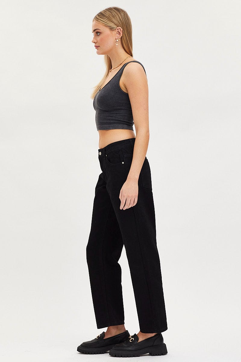 Black Straight Denim Jeans High Rise