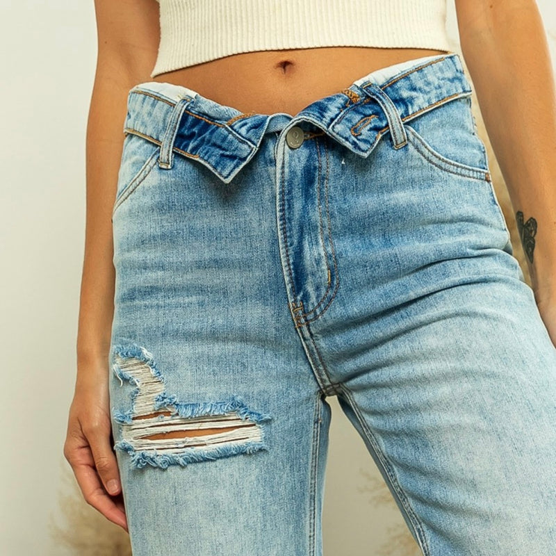 Flipped Waist Distressed Denim