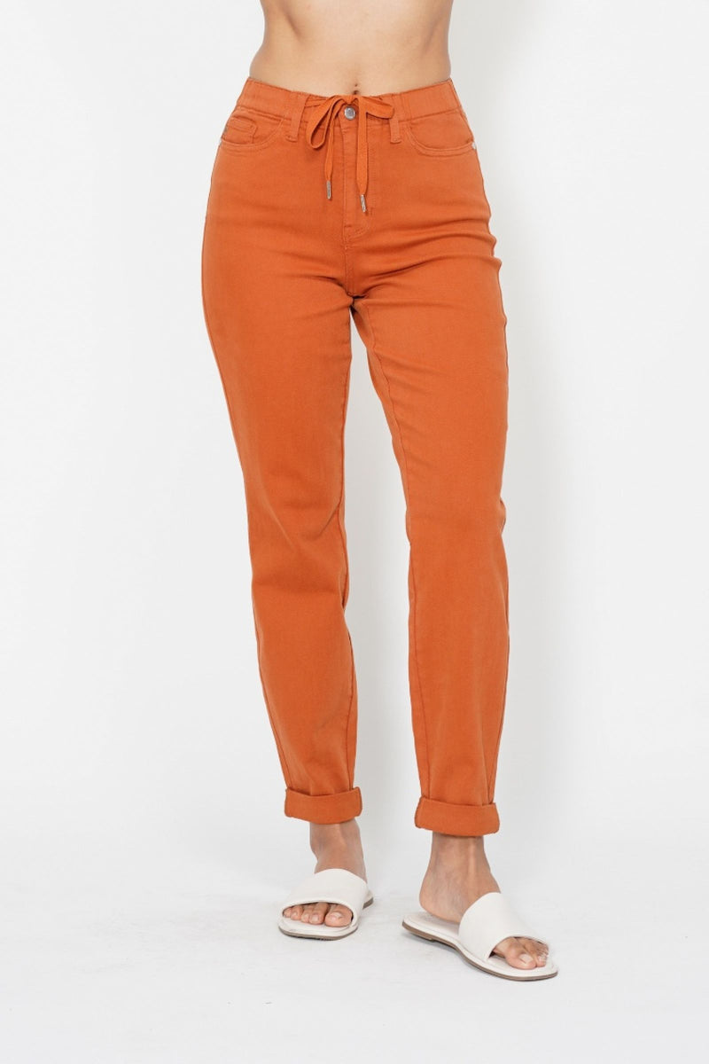 Judy Blue High Waist Garment Dyed Auburn Orange Double Cuff Jogger Denim Jeans 88911