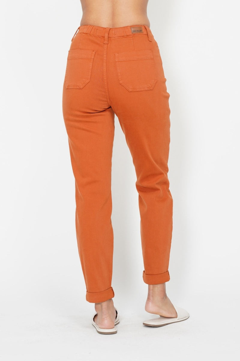 Judy Blue High Waist Garment Dyed Auburn Orange Double Cuff Jogger Denim Jeans 88911