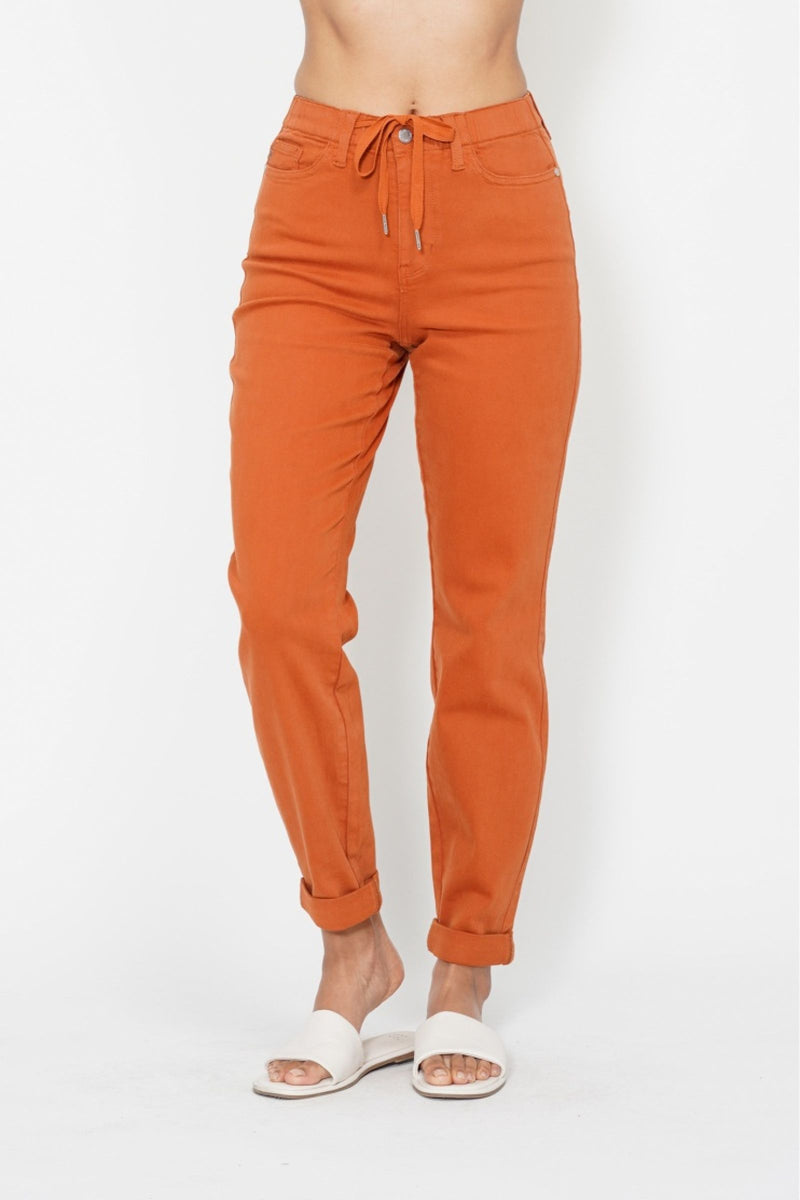 Judy Blue High Waist Garment Dyed Auburn Orange Double Cuff Jogger Denim Jeans 88911