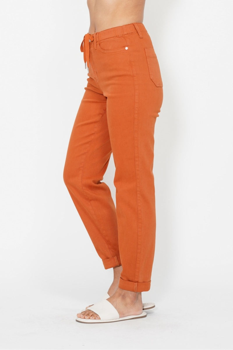 Judy Blue High Waist Garment Dyed Auburn Orange Double Cuff Jogger Denim Jeans 88911