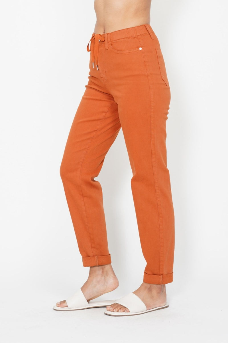 Judy Blue High Waist Garment Dyed Auburn Orange Double Cuff Jogger Denim Jeans 88911