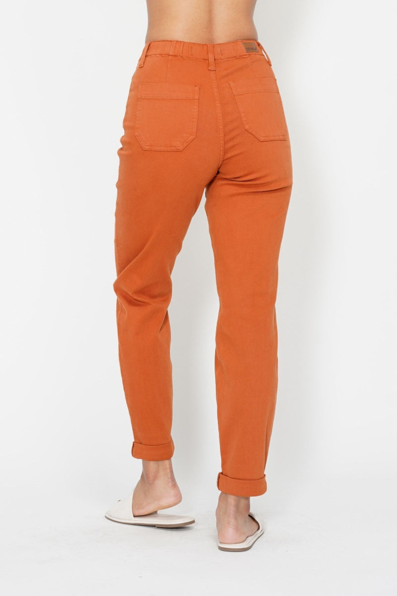 Judy Blue High Waist Garment Dyed Auburn Orange Double Cuff Jogger Denim Jeans 88911