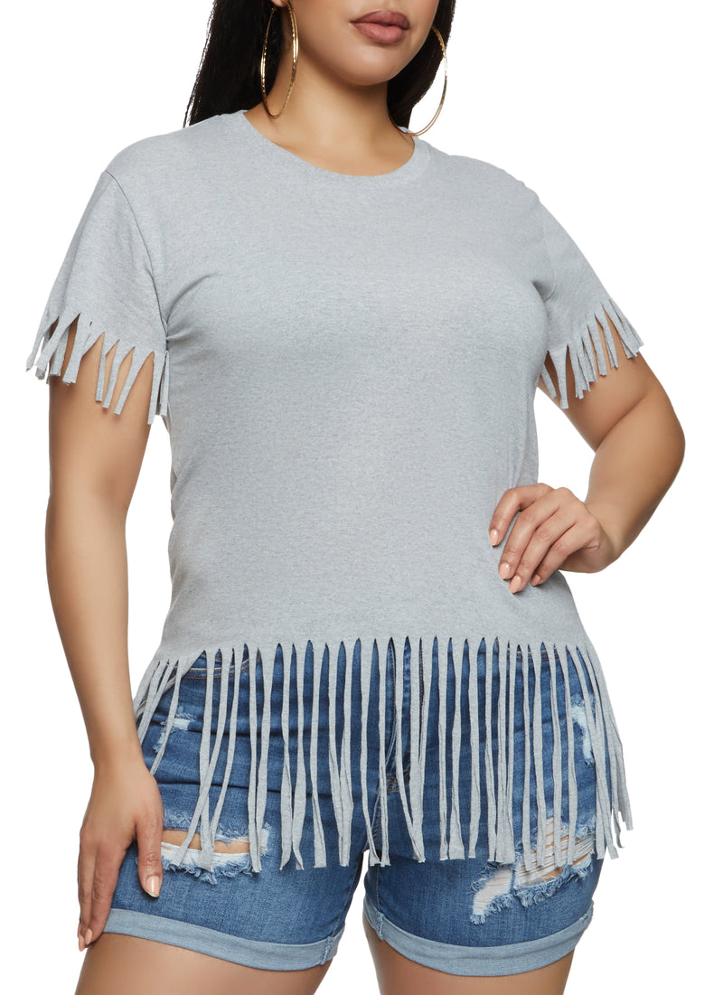 Plus Size Fringe Crew Neck T Shirt