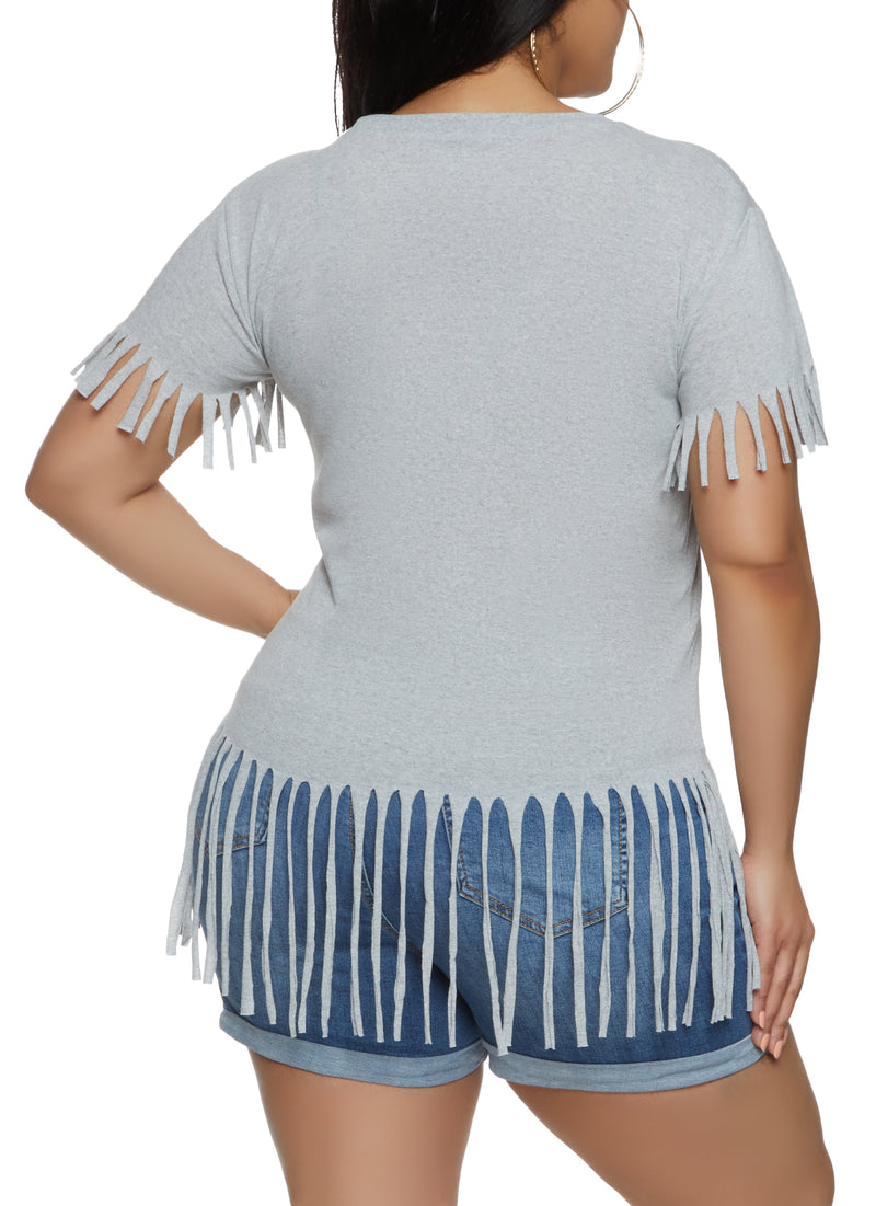 Plus Size Fringe Crew Neck T Shirt