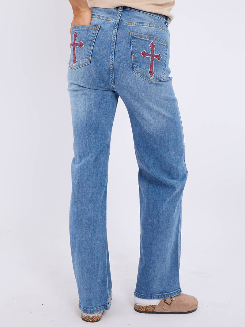 Straight Leg Denim Jeans With Cross Detail