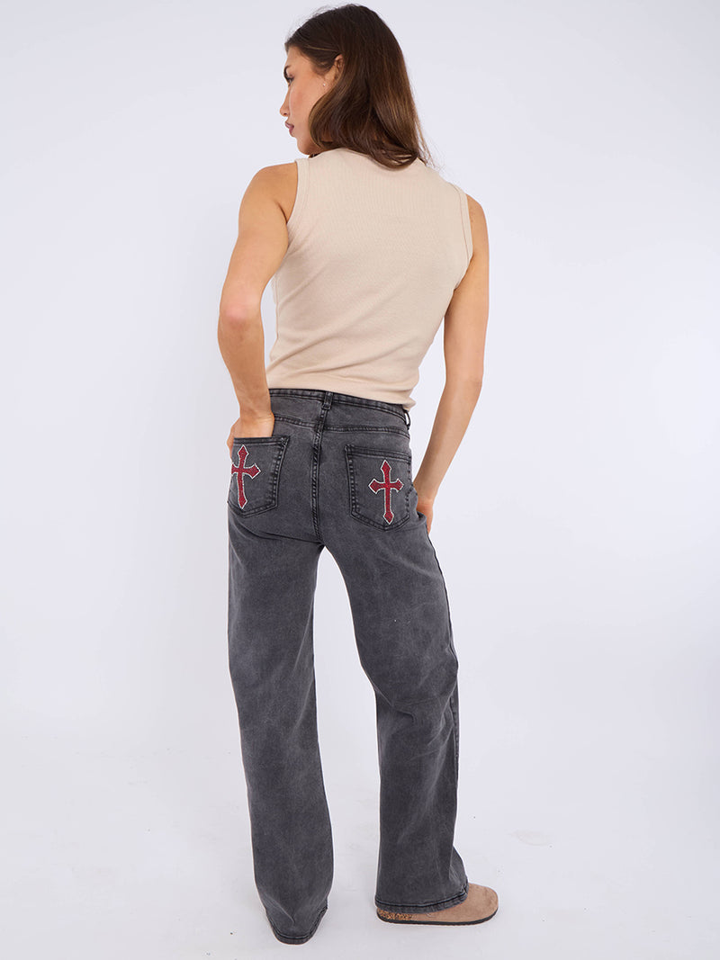 Straight Leg Denim Jeans With Cross Detail