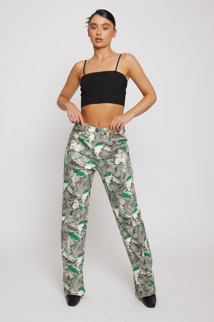 PRINTED DENIM JEANS - GREEN