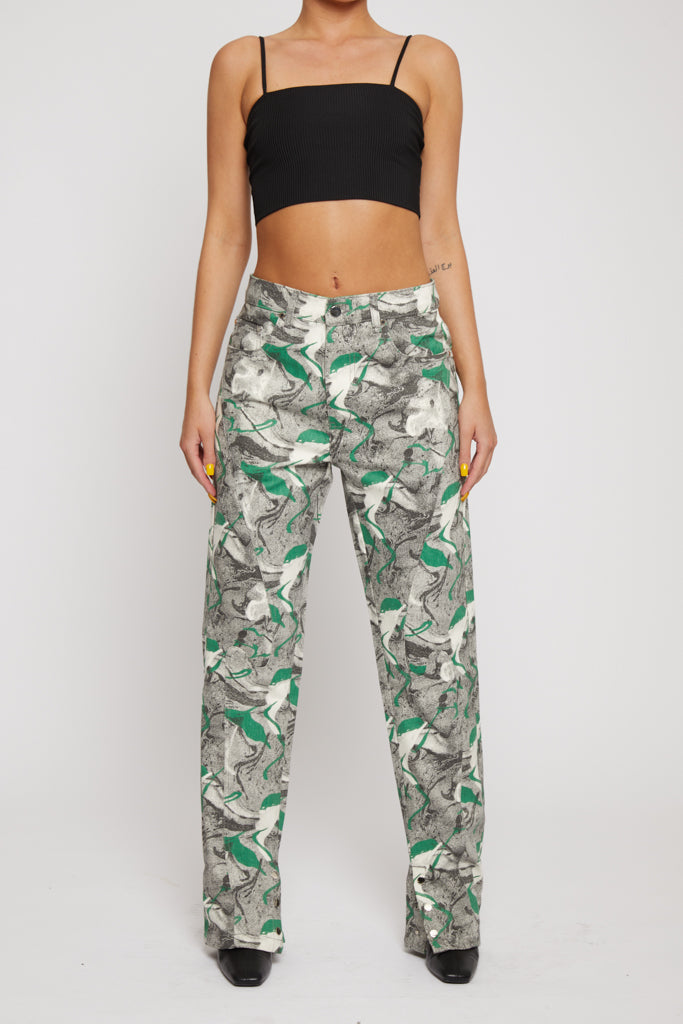 PRINTED DENIM JEANS - GREEN