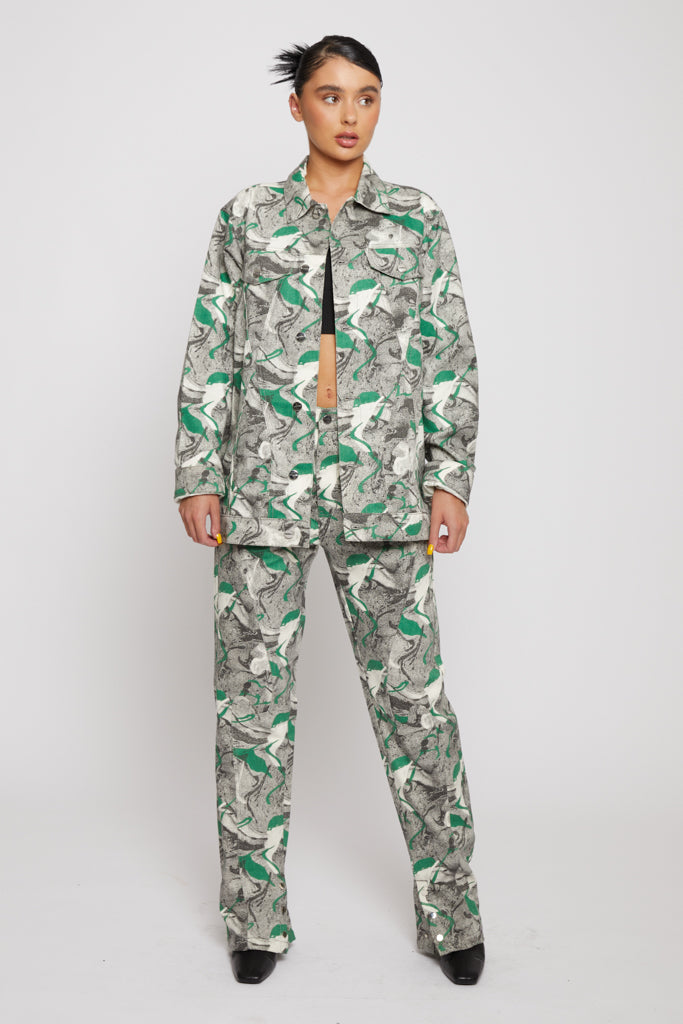 PRINTED DENIM JEANS - GREEN