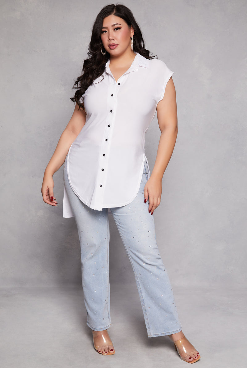 Plus Size Cap Sleeve Tie Front High Low Shirt