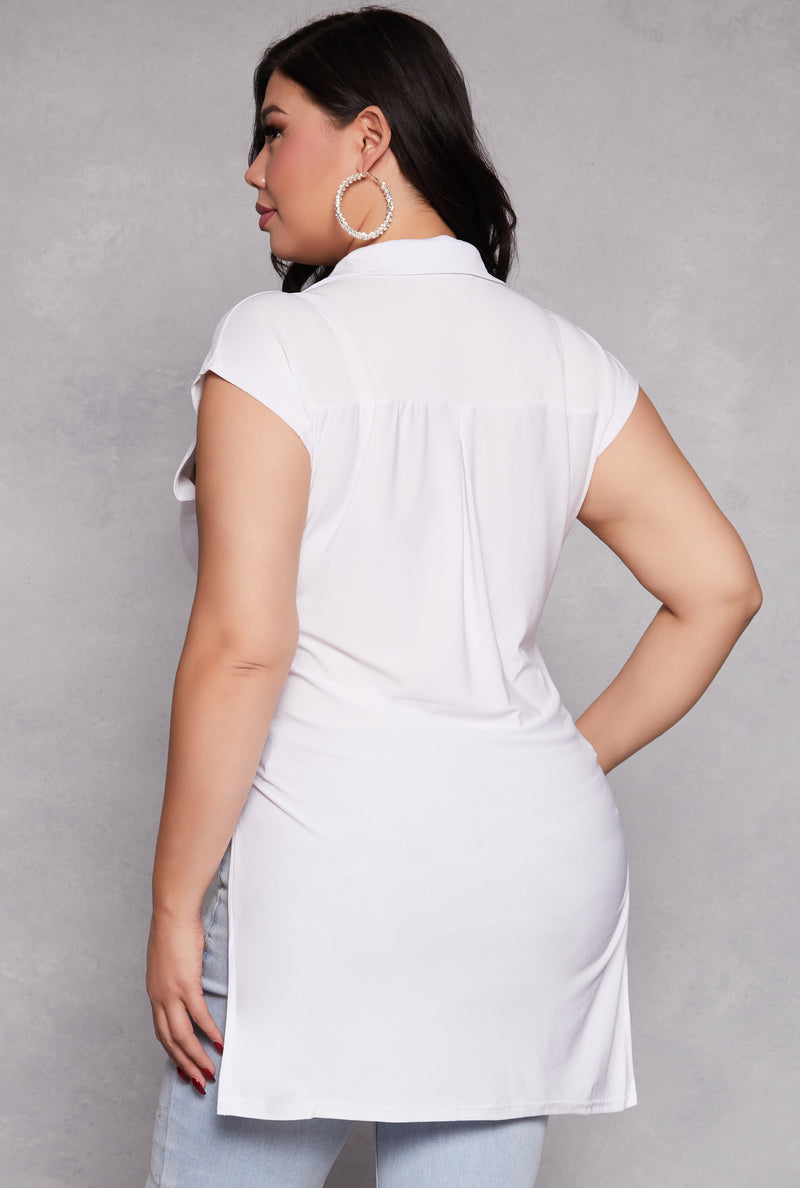 Plus Size Cap Sleeve Tie Front High Low Shirt