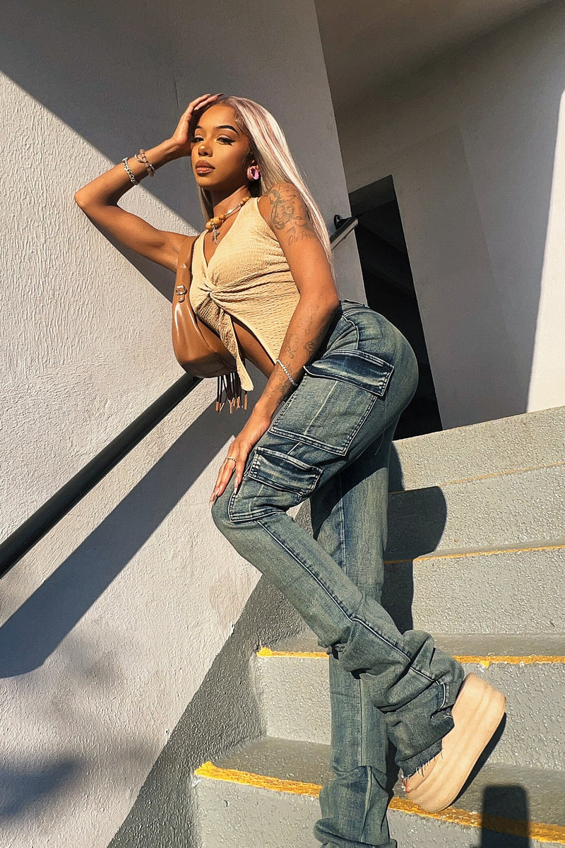 Vixen Tinted Dark Wash Cargo Super Stacked Pant