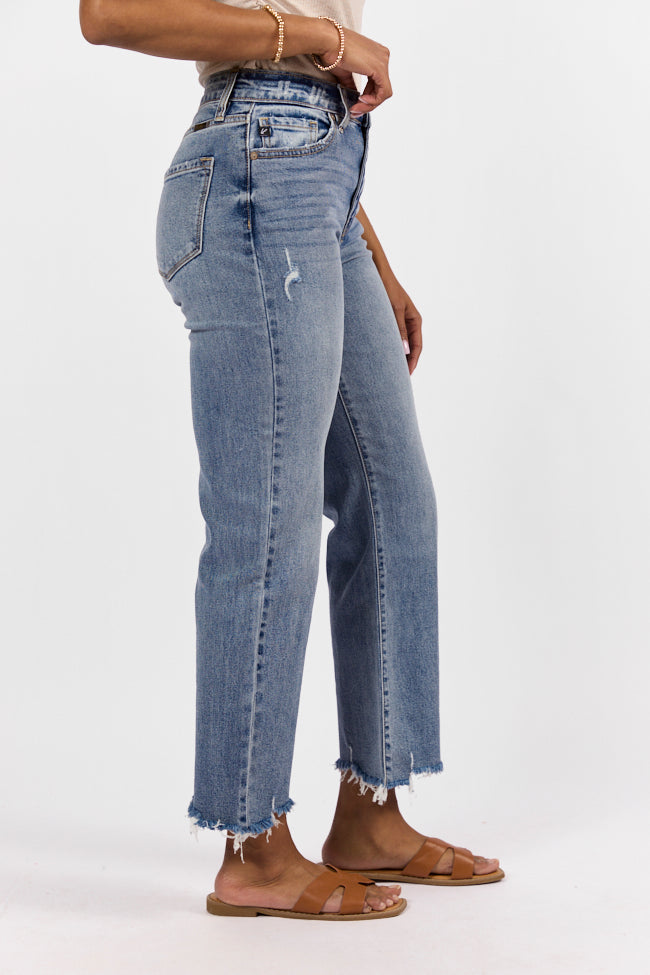 Briauna Light Wash Distressed Hem Ankle Length Wide Leg Jeans