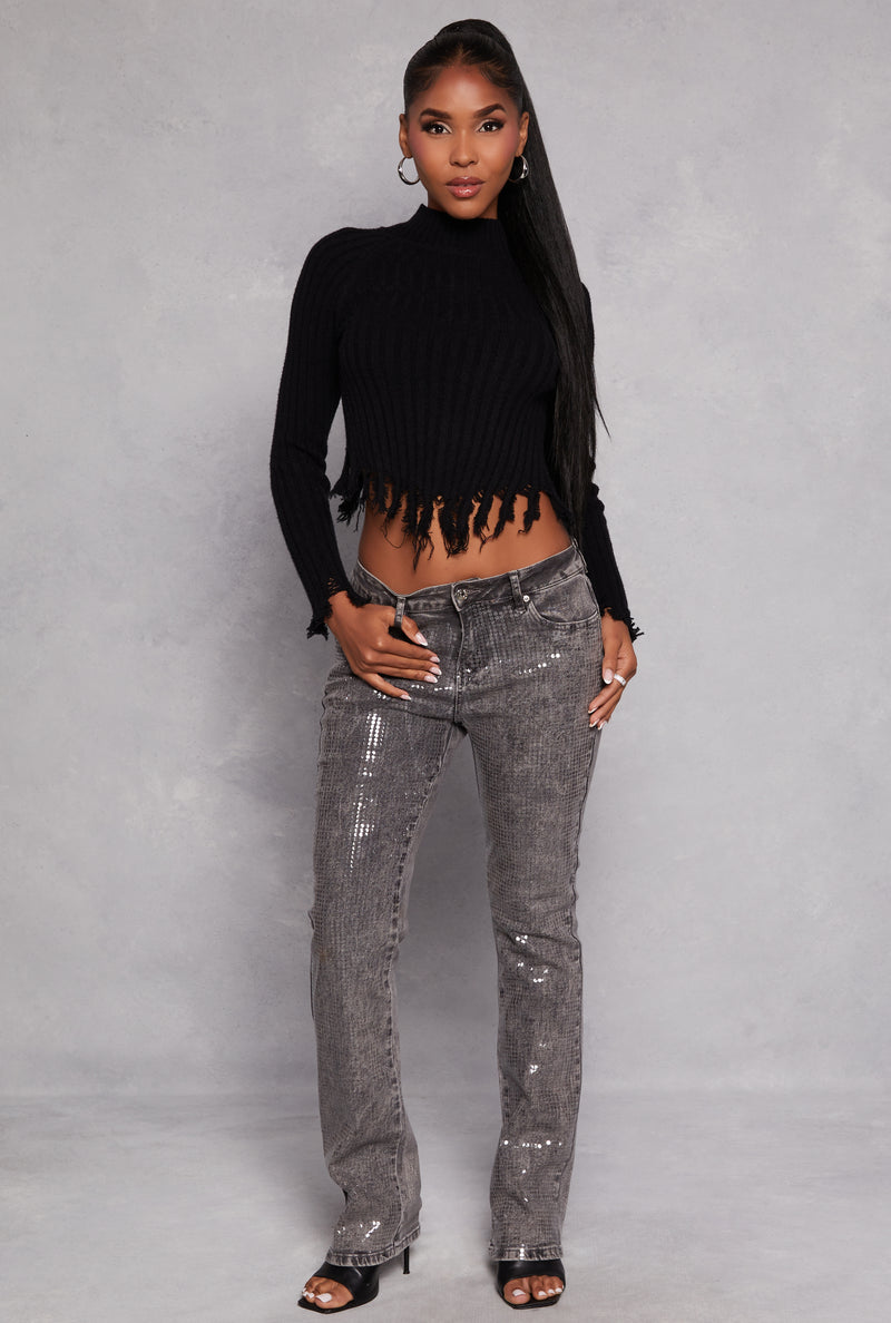 Ribbed Distressed Hem Mock Neck Sweater